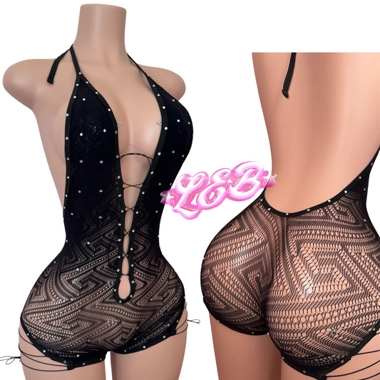 black bodysuit , rinestones , adjustable strings