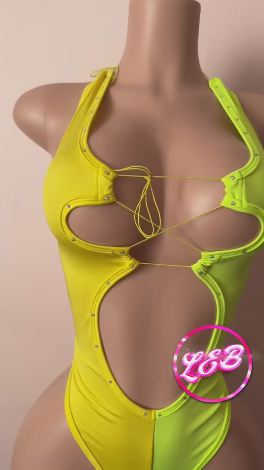 two tone stripper outfit, exotic dance wear , yellow and green.  La exotica Boutique 